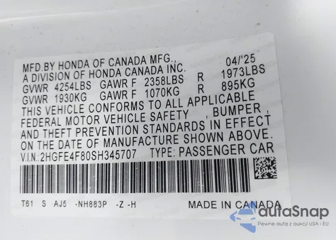 2025 Honda Civic Hybrid Sport/Sport Touring from USA, damaged, VIN 2HGFE4F80SH345707